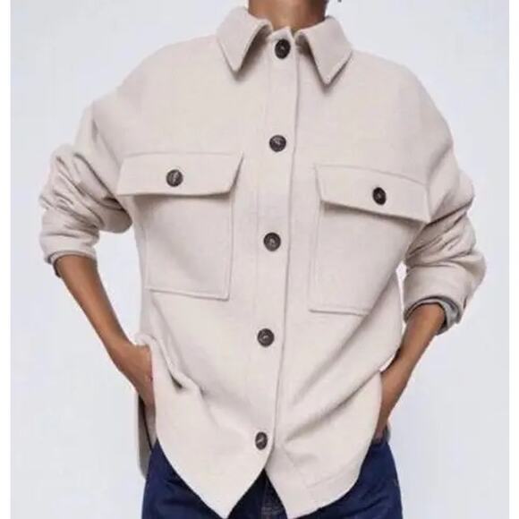 Zara Oversized Manteco Wool Blend Overshirt Shacket In Stone - Picture 2 of 9